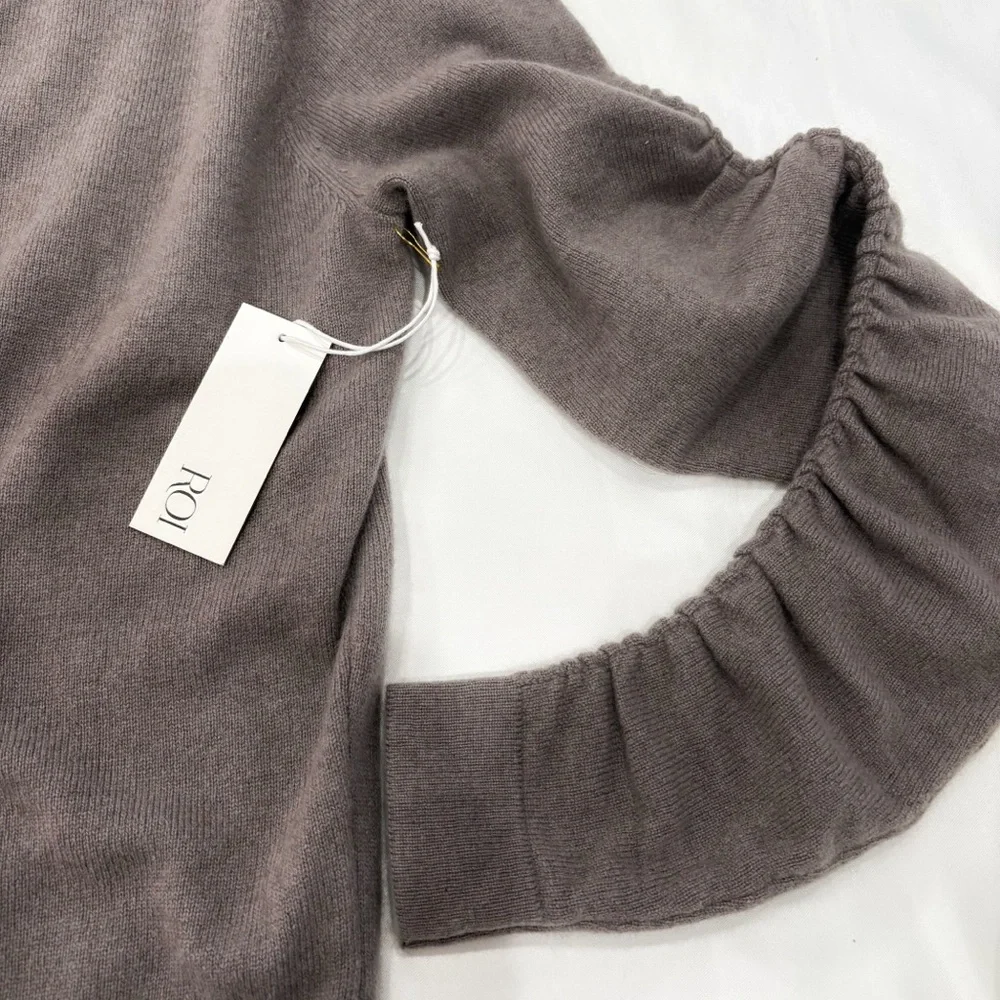 NWT ROI 100% Cashmere Shirred Sleeve Sweater Taupe XXS Luxe Knit Pullover $348